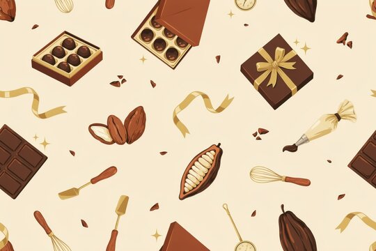 Delicious chocolate themed pattern featuring cocoa beans, chocolate bars, gift boxes, whisks, and piping bags on a light beige background