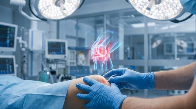 Surgeon Examining Knee with Digital Pain Visualization in Operating Room