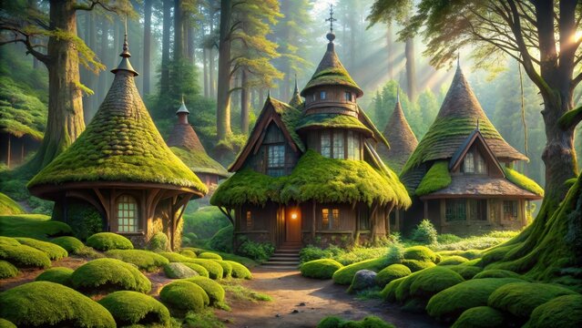 Turrets and mosscovered roofs of a whimsical cottage nestle amongst ancient trees in a mystical forest glade