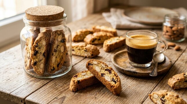 Crunchy homemade almond and cranberry biscotti cantuccini cookies arranged on a rustic wooden table next to a glass cup of hot espresso coffee, ideal for traditional Italian breakfasts or snack time.