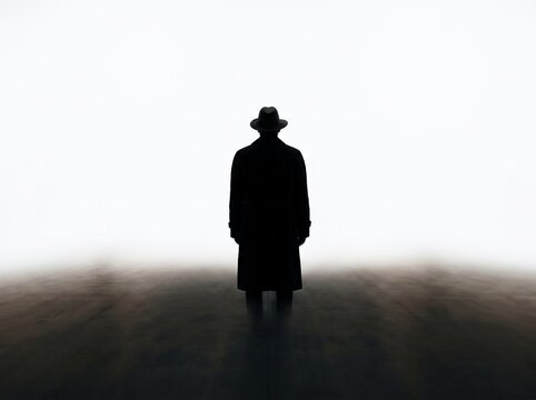 Silhouette of mysterious man in hat and trench coat standing in dark fog