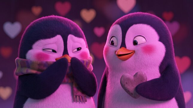 Two Cute Cartoon Penguins in Love with Hearts Background