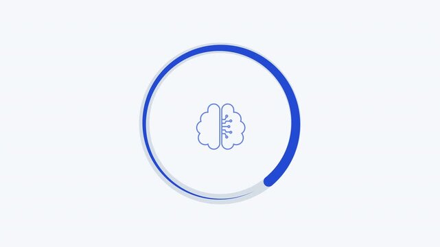 Minimal flat vector animation of a blue circular progress indicator surrounding a brain icon, clean white background, and smooth loading motion for digital technology concepts.