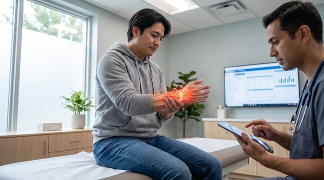 Male Patient Showing Wrist Pain to Doctor in Medical Office