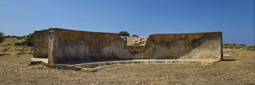 Ancient concrete ruins under a blue sky, Lost Place, Air Defence Position, Aerophone, Parabolic Acoustic Mirror, Patella Mountain, WW2, west of Lakki, Leros, Dodecanese, Greek Islands, Greece