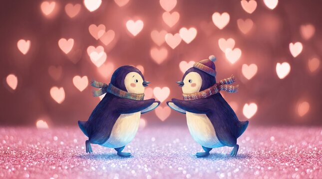Two Cute Penguins Dancing on Glitter with Heart Bokeh
