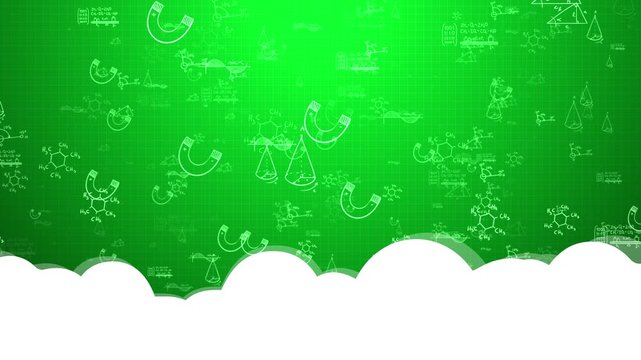 School learning formula visual with green classroom board, science drawings, math shapes, and chemistry elements. Perfect for education videos, kids lessons, online courses, and animated overlays.