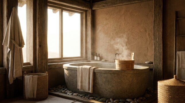 Serene Bathroom Retreat: A tranquil, rustic bathroom features a deep soaking tub steaming with warmth, adorned with a plush towel, beside a window letting in soft, natural light.