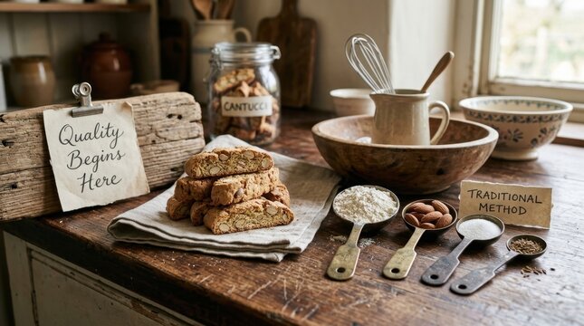 Rustic wooden table featuring handmade Italian cantucci biscuits with baking ingredients including flour almonds and sugar alongside vintage kitchen tools for a traditional homemade culinary