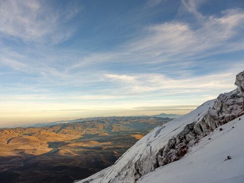 View over the Chimborazo glacier to the mountainous plateau, Reserva de Produccion Faunistica Chimborazo nature reserve, Chimborazo province, Ecuador