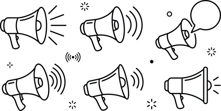 Megaphone loudspeaker and broadcasting line icon set featuring announcement sound waves audio volume speech bubble alert notification vectors