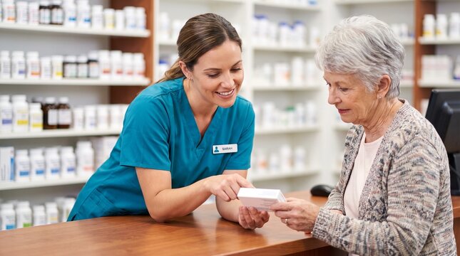 Pharmacist assisting an elderly woman with a prescription at the counter in a pharmacy