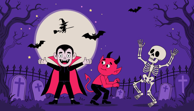 Cute Halloween Characters with Vampire, Little Devil, Dancing Skeleton and Full Moon Cartoon Vector Illustration
