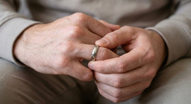 Close up of a man hands holding a wedding ring while sitting in a pensive and emotional mood