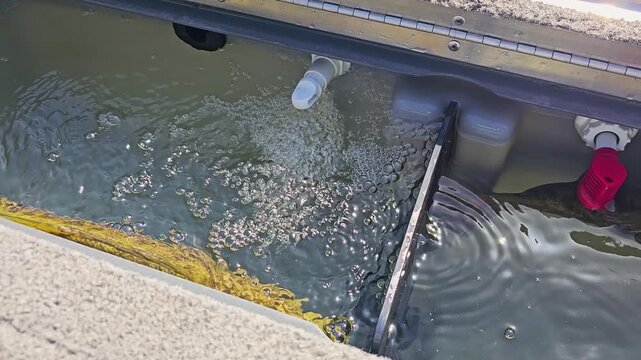 Smallmouth bass rest in a boat live well with aerator bubbles, divider wall, red drain plug, rippling water, and sunlit scales during freshwater fishing catch care.