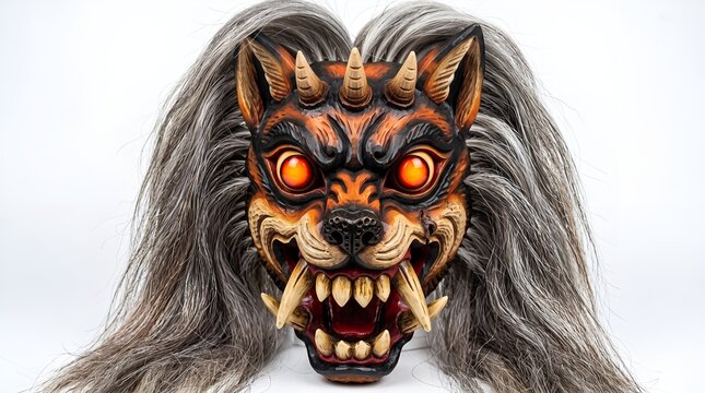 Traditional Balinese Barong mask with long hair and glowing eyes.