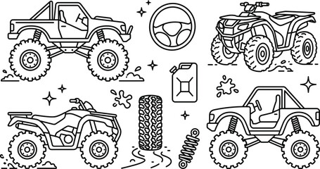 Off road vehicle vector icon set featuring monster truck atv quad bike tire line art isolated on white © Hafizul