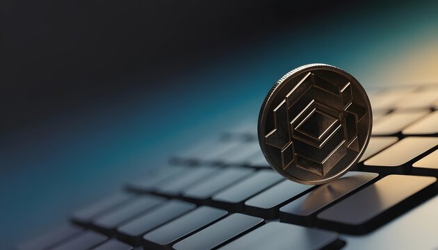 Hexagonal pattern coin positioned upright on a dark desktop computer keyboard. Secure decentralized ledger technology platform. Geometric cryptocurrency token standing on keys