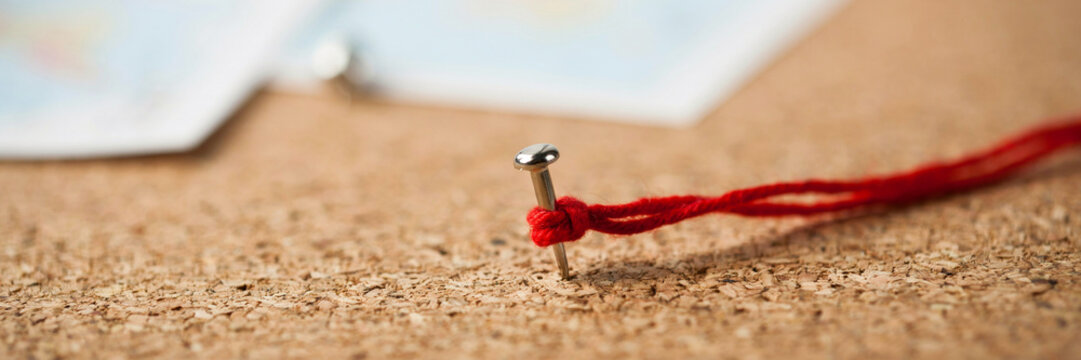 Red string attached to push pin on cork board with connection strategy planning investigation tracking business thumbtack corkboard communication detective organizing management material