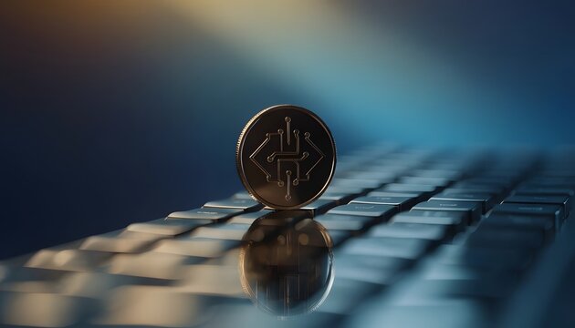 Bronze microchip coin resting on a dark reflective computer keyboard. Secure blockchain cryptography keys and hardware wallet concept. Metallic asset token sitting over keys