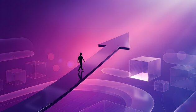 Corporate career milestone scaling and visual business intelligence analytics. Strategic growth trajectory map. Silhouette professional walking up an exponential arrow into digital light