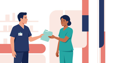 Obraz premium Pharmacist and Nurse Collaborate, Discussing Medical Information with a Clipboard in a Modern Pharmacy or Clinic Setting