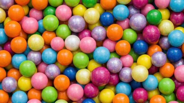 Vibrant assortment of colorful round gumballs and candies filling the frame with a rainbow of sweet treats, providing a playful background for sugary confectionary themes and festive party celebration