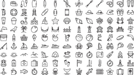 Summer Vacation Beach Equipment Water Sports Gear and Marine Life Outline Icon Set © MSTNUSRATJAHAN