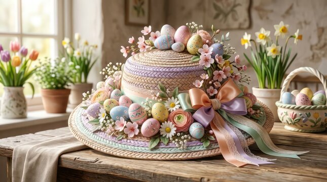 Straw sun hat adorned with colorful easter eggs and spring flowers