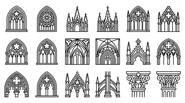 Collection of Gothic Architecture Window Designs in Line Art.