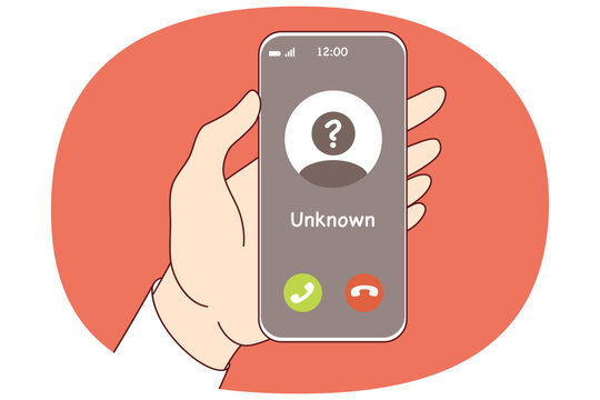 Call from unknown caller on phone screen in person hand, for spam or unsolicited advertising concept. Call from unknown scammer who wants to help with money or deceive victim through smartphone
