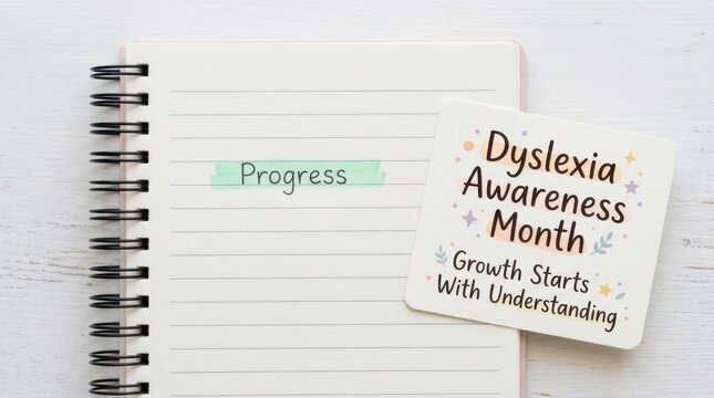 Dyslexia Awareness Month card resting on open spiral notebook with progress text highlighted in green, educational support concept emphasizing growth through understanding for learning disability goal