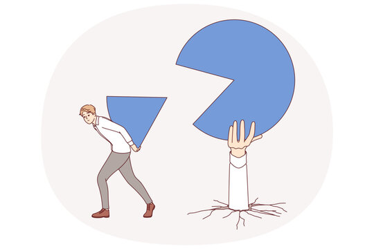 Successful business man taking market share from competitors by taking piece of chart. Segmentation and competition for market share with other companies in industry to gain new clients or customers
