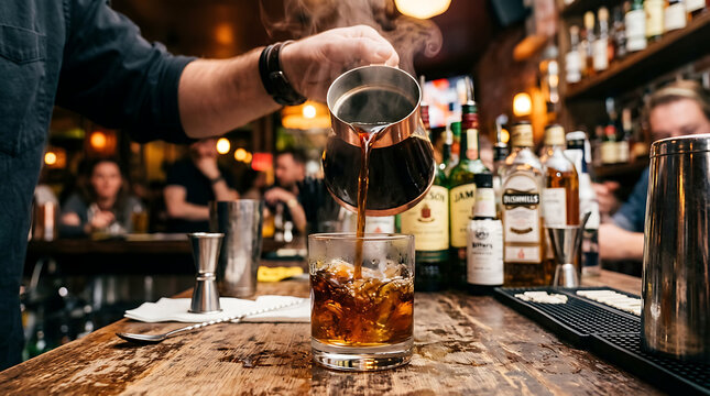 Bartender pouring hot coffee into a whiskey glass with ice at a dimly lit bar