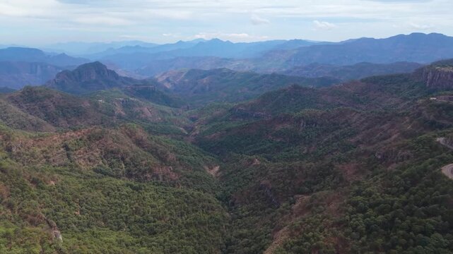 A breathtaking wide-angle aerial sweep capturing the dramatic, undulating topography of the vast Sierra Madre Occidental range.