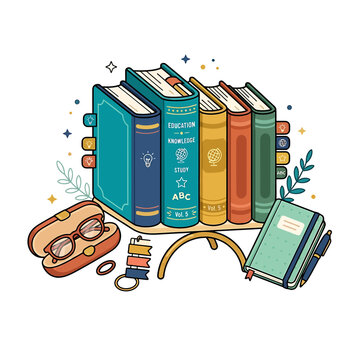 Stack of colorful books with reading glasses. Education and literature vector illustration.