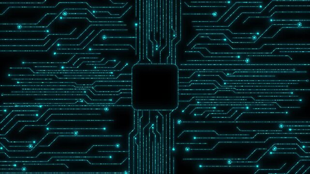 Glowing microchip board visual with cyan circuit traces, black processor center, and bright technology network paths. Perfect for electronics videos, hardware demos, AI intros, and motion overlays.