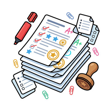 Graded school assignments with A plus marks. Stack of exam papers with teacher feedback.