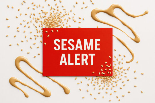Sesame alert red card with scattered sesame seed and tahini drizzle on white background, flat lay allergen concept, top down composition
