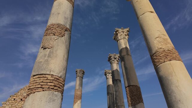 Ground-level view among the towering columns of the Capitol at the UNESCO-listed Volubilis archaeological site in Morocco, showcasing monumental Roman architecture beneath a clear blue sky.