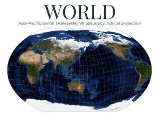 World map in Kavrayskiy VII projection, Asia-Pacific centered. Detailed physical globe view. 10 lat, 140 lon rotation. April View. Elements of this image furnished by NASA. © Eugene Ga