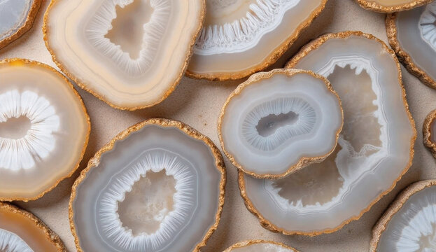 Agate stone slices with gold edges. Natural mineral coasters for luxury home decor