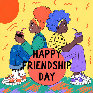 happy friendship day greeting card with two kids cartoon