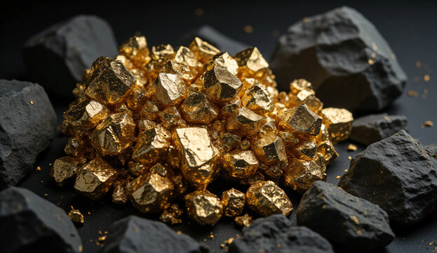 Raw gold nuggets on dark coal rocks. Precious metal ore extracted from a deep mine