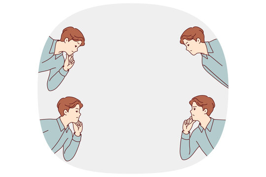 Pensive business man scratches chin and makes difficult decision, peeks out from different corners of empty banner. Copy space near office employee or businessman who needs hint to decision situation