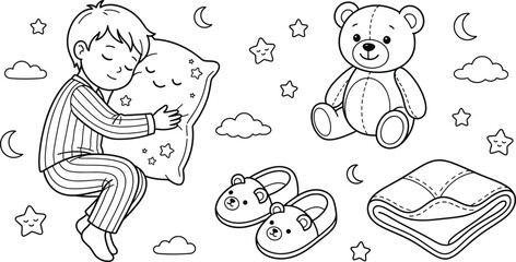 Sleeping boy vector icon set featuring teddy bear pillow slippers blanket line art isolated on white background coloring
