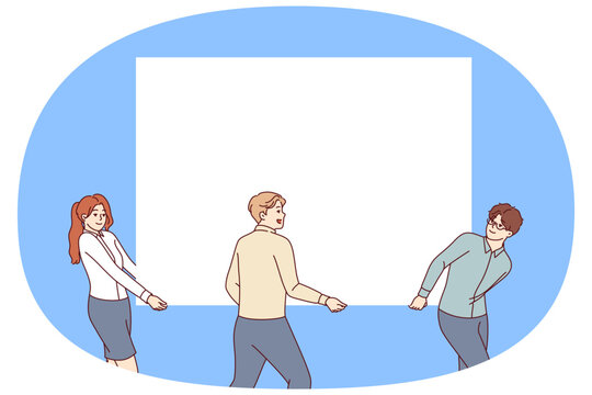Group of business people carries blank white banner intended to display commercial offer. Teamwork of two male and female office employees holding billboard with space for commercial advertising