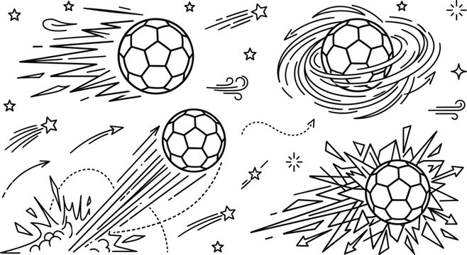 Soccer football flying ball line art vector set with dynamic motion trails spin explosion and stars elements