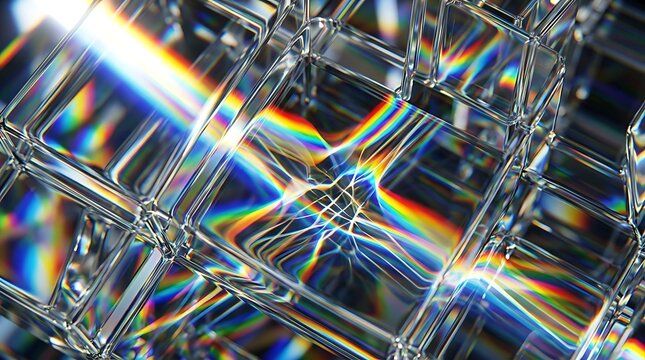 Abstract crystal grid with rainbow refractions and light spectrum