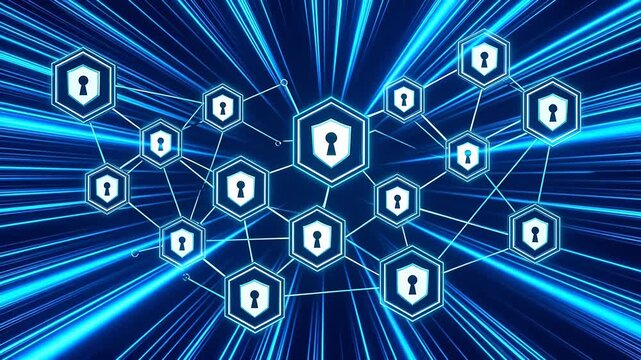 Glowing Hexagonal Network with Shield and Keyhole Icons Representing Cybersecurity and Blockchain Technology
